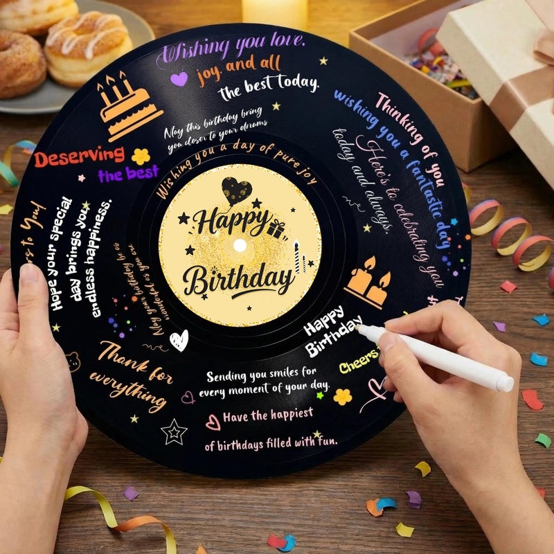 REEGII Vinyl Record Style Birthday Guest Book for Birthday Decorations - Large 11.6"x11.6" Sign-In Poster with 12 Pens | Unique Keepsake Gift for Birthday Party Decor (Happy Birthday, Golden, 11.6"L x 11.6"W) - Image 3