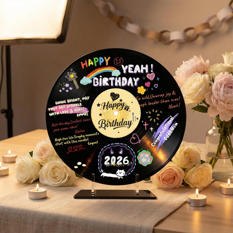 REEGII Vinyl Record Style Birthday Guest Book for Birthday Decorations - Large 11.6"x11.6" Sign-In Poster with 12 Pens | Unique Keepsake Gift for Birthday Party Decor (Happy Birthday, Golden, 11.6"L x 11.6"W) - Image 5