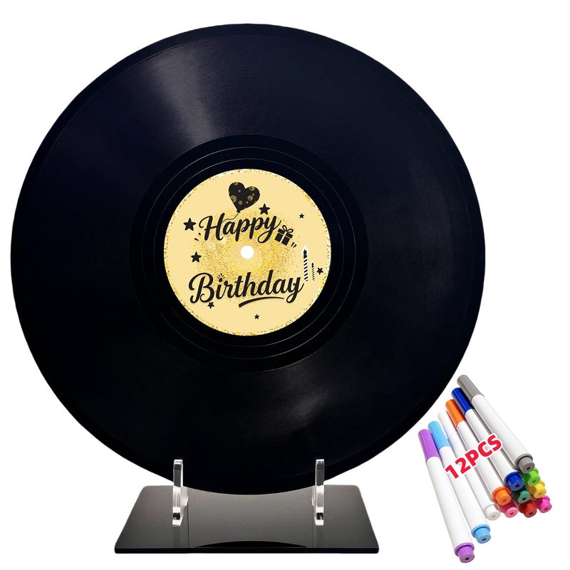 REEGII Vinyl Record Style Birthday Guest Book for Birthday Decorations - Large 11.6"x11.6" Sign-In Poster with 12 Pens | Unique Keepsake Gift for Birthday Party Decor (Happy Birthday, Golden, 11.6"L x 11.6"W) - Image 1