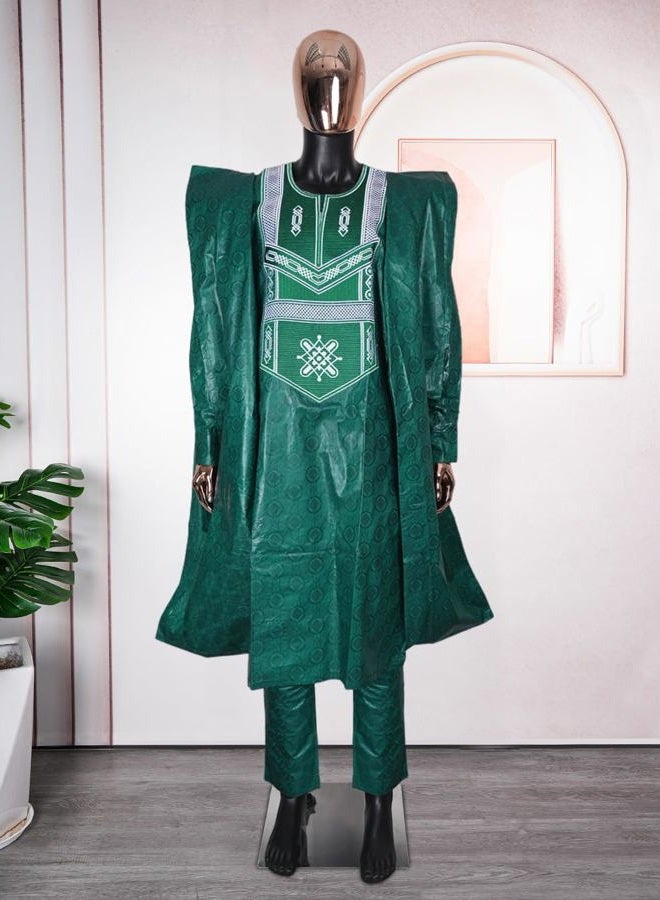 HD African Traditional Bazin Formal Attire For Man Green Embroidery Agbada Boubou Clothes Set 3 Pieces Dashiki Outfit L - Image 3