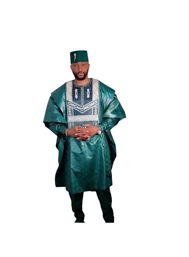 HD African Traditional Bazin Formal Attire For Man Green Embroidery Agbada Boubou Clothes Set 3 Pieces Dashiki Outfit L - Image 1