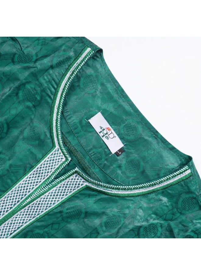 HD African Traditional Bazin Formal Attire For Man Green Embroidery Agbada Boubou Clothes Set 3 Pieces Dashiki Outfit L - Image 4