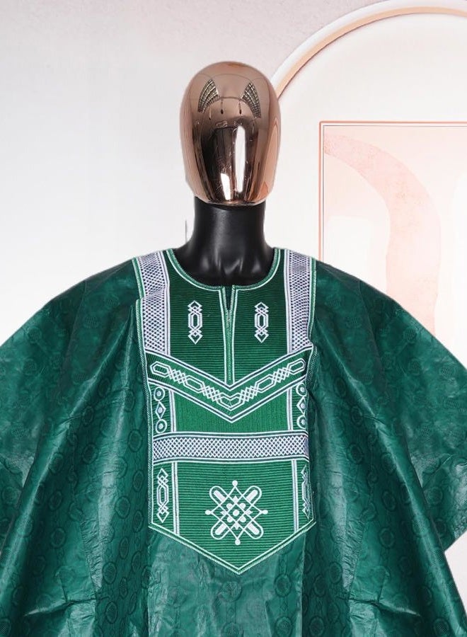 HD African Traditional Bazin Formal Attire For Man Green Embroidery Agbada Boubou Clothes Set 3 Pieces Dashiki Outfit L - Image 2
