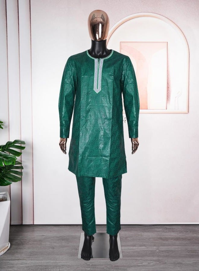 HD African Traditional Bazin Formal Attire For Man Green Embroidery Agbada Boubou Clothes Set 3 Pieces Dashiki Outfit L - Image 5
