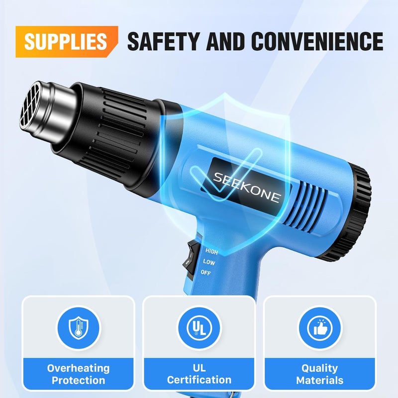 SEEKONE Heat Gun, 1800W Heavy Duty Hot Air Gun Kit Dual-temperature Setting 572℉&1112℉, Hot Heat Gun with Overheat Protection, 4 Nozzles Included, for Shrinking PVC, Stripping Paint, Crafts (5.2ft) - Image 4