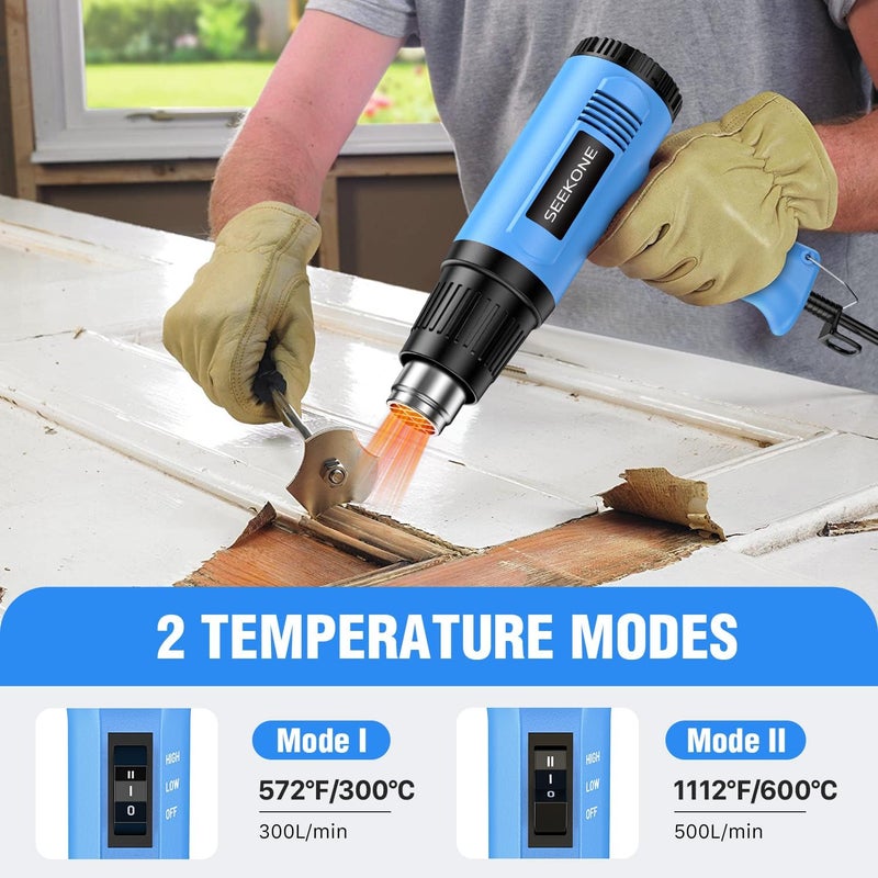 SEEKONE Heat Gun, 1800W Heavy Duty Hot Air Gun Kit Dual-temperature Setting 572℉&1112℉, Hot Heat Gun with Overheat Protection, 4 Nozzles Included, for Shrinking PVC, Stripping Paint, Crafts (5.2ft) - Image 3