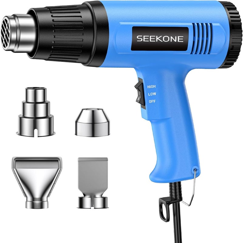 SEEKONE Heat Gun, 1800W Heavy Duty Hot Air Gun Kit Dual-temperature Setting 572℉&1112℉, Hot Heat Gun with Overheat Protection, 4 Nozzles Included, for Shrinking PVC, Stripping Paint, Crafts (5.2ft) - Image 1