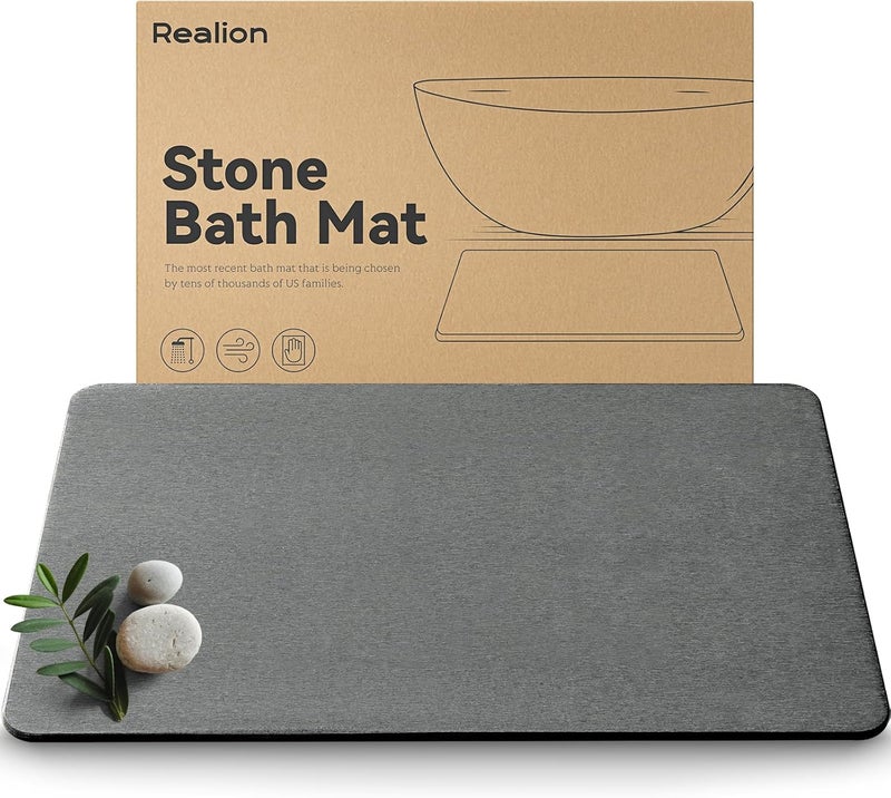 Realion Stone Bath Mat, Dries Quickly, Non-Slip Diatomaceous Earth Bath Mats for Bathroom, Super Absorbent Stone Shower Mat, Easy to Clean, 23.5" x 15.5" Dark Gray - Image 1
