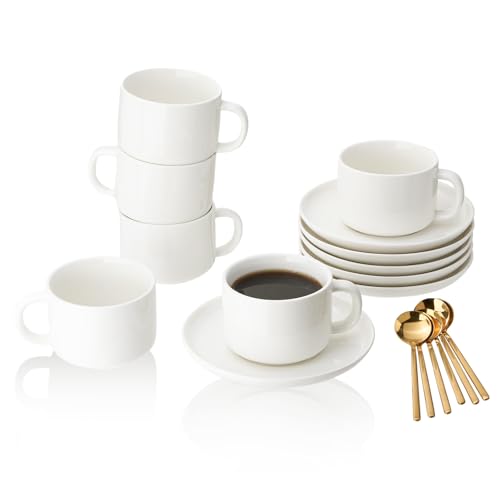 CHILDIKE Coffee Cups and Saucers Set of 6 with Stainless Steel spoons, 8oz Ceramic Cappuccino Cups Set, White Durable Porcelain Cups for Tea, Espresso, Latte, Mocha - Image 1