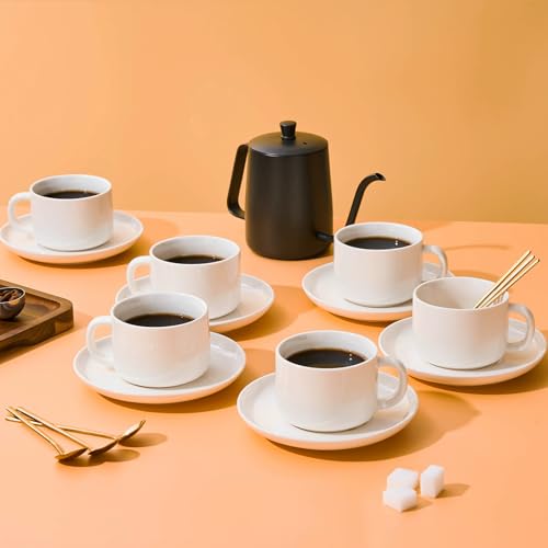 CHILDIKE Coffee Cups and Saucers Set of 6 with Stainless Steel spoons, 8oz Ceramic Cappuccino Cups Set, White Durable Porcelain Cups for Tea, Espresso, Latte, Mocha - Image 2