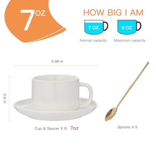 CHILDIKE Coffee Cups and Saucers Set of 6 with Stainless Steel spoons, 8oz Ceramic Cappuccino Cups Set, White Durable Porcelain Cups for Tea, Espresso, Latte, Mocha - Image 3