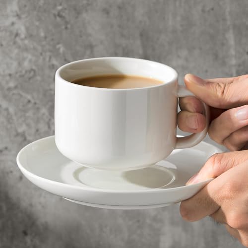 CHILDIKE Coffee Cups and Saucers Set of 6 with Stainless Steel spoons, 8oz Ceramic Cappuccino Cups Set, White Durable Porcelain Cups for Tea, Espresso, Latte, Mocha - Image 4