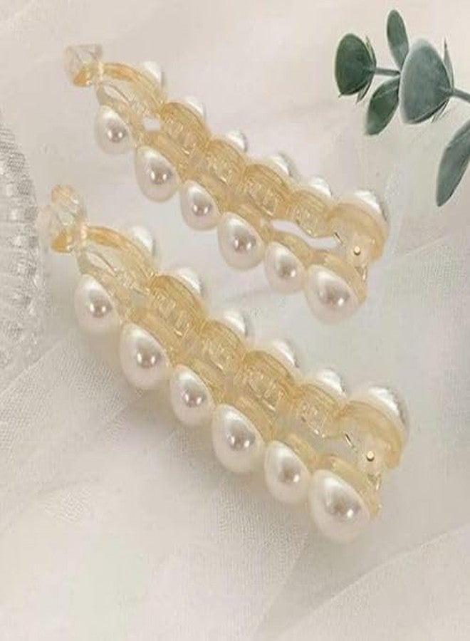 KARDIFF Pearl Hair Clip Banana Clips Ponytail Holder Banana Hair Clips Thick Fine Hair Clip French Barrettes Rhinestones Jaw Clips for Women and Girls - White (Pack of 2) - Image 1