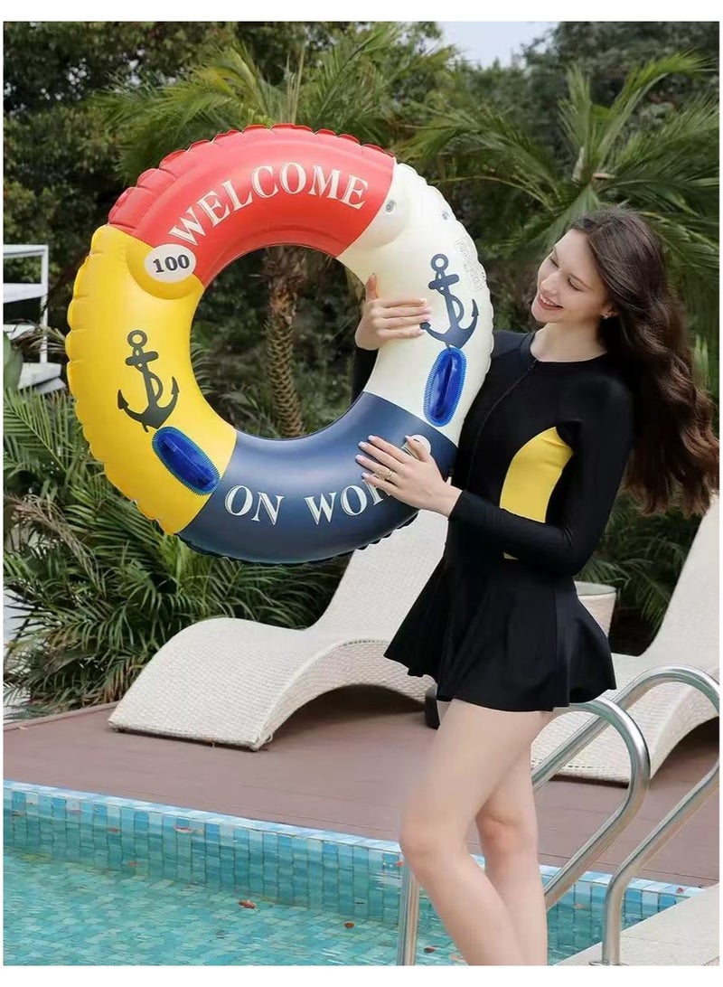 Goolsky 90cm Color Block Inflatable Swim Ring – “Welcome to the World” Printed Pool Float, Thickened PVC Double Air Chamber for Adults & Kids - Image 2