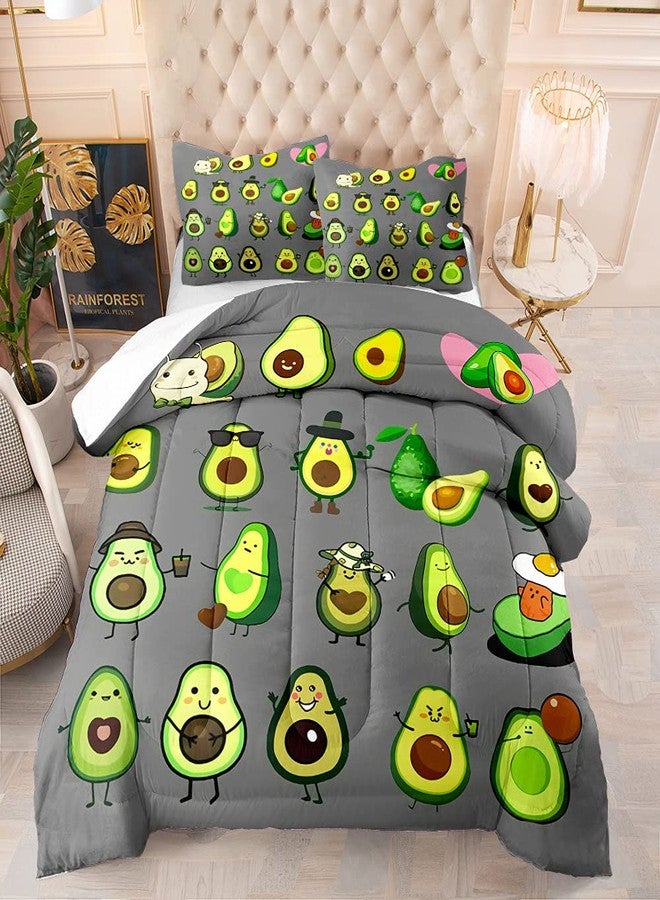 Suncloris Cute Cartoon Avocado Comforter Set,Various Forms of Lovely Avocados Pattern Bedding Bedspread for Kids and Adults, Tropical Fruits Quilt Bedroom Decor with 2 Pillow Cases (01, Queen) - Image 1
