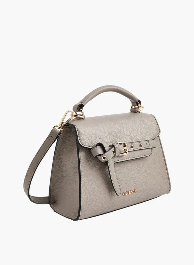 Celeste Women Textured Satchel Bag with Buckle Accent and Snap Button Closure