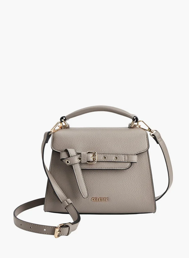 Celeste Women Textured Satchel Bag with Buckle Accent and Snap Button Closure
