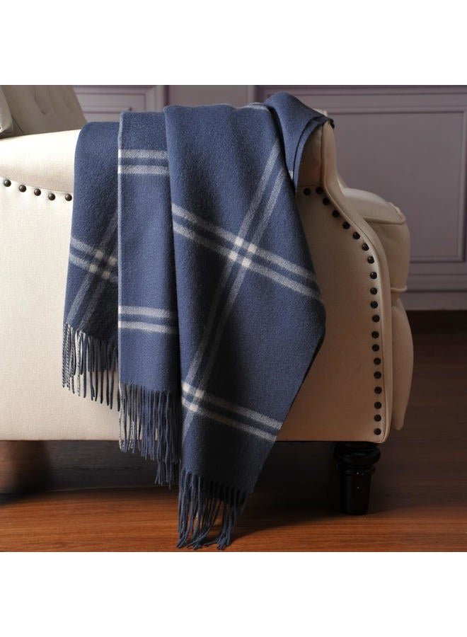 CUDDLE DREAMS Premium Cashmere Throw Blanket with Fringe, Luxuriously Soft (Plaid Blue) - Image 3