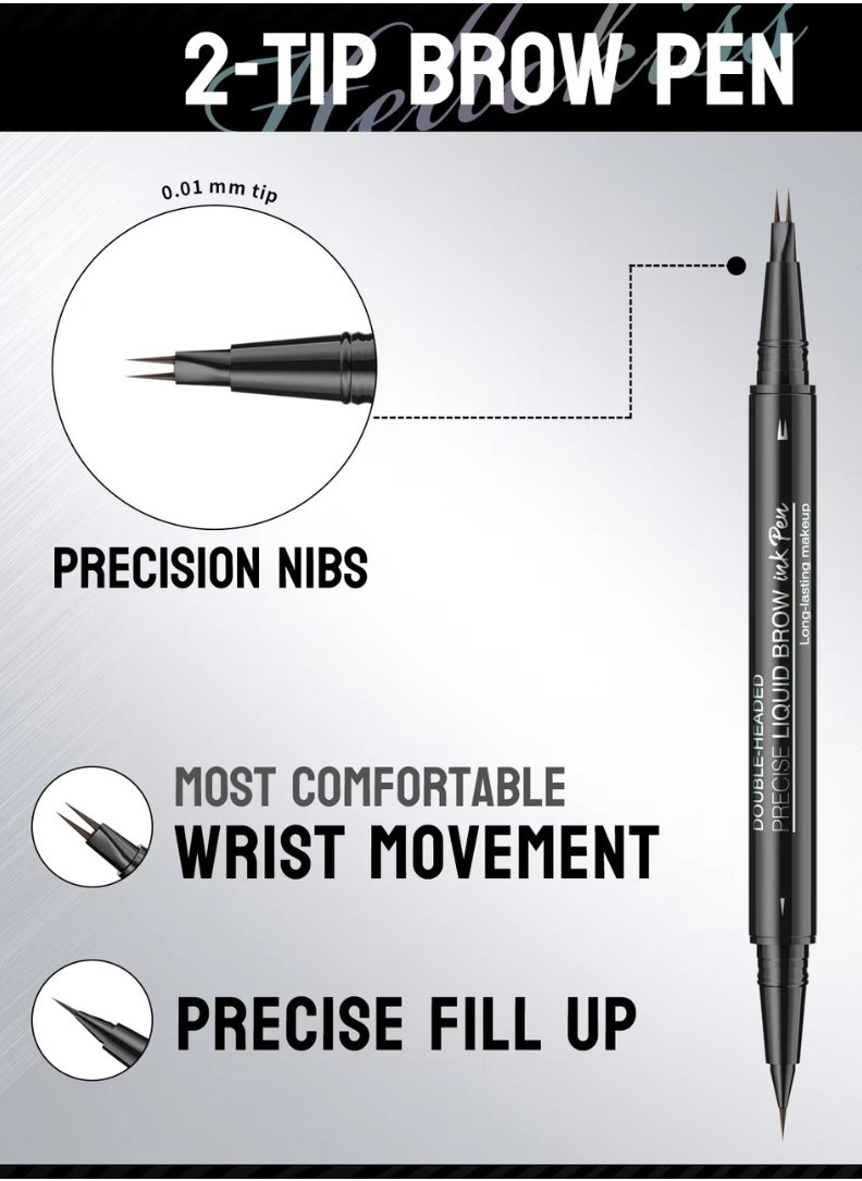 HelloKiss - Precise Liquid Eyebrow Pen with Brush Double Headed Ink Pen 2 Tip Microblading Brow Pen Curved Eyebrow Pencil, 2 Fork Tip Eye Pen Waterproof Long Lasting Ink Pen Brown 02 - Image 1