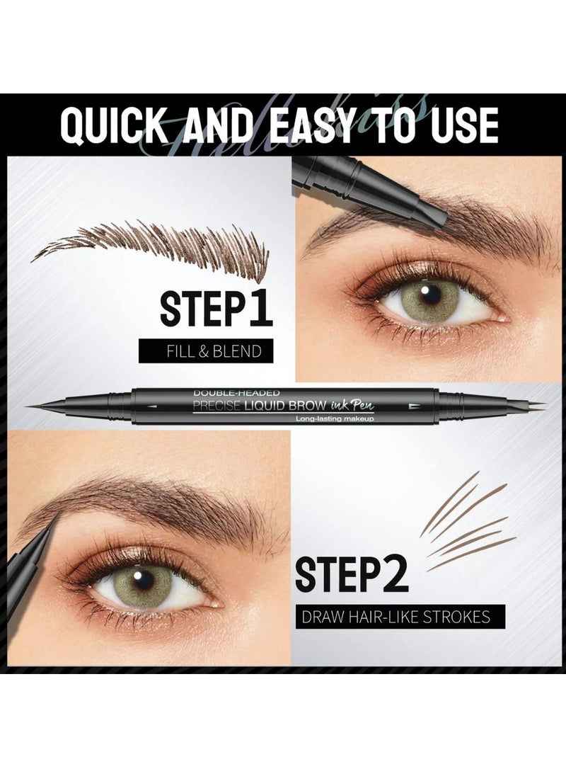 HelloKiss - Precise Liquid Eyebrow Pen with Brush Double Headed Ink Pen 2 Tip Microblading Brow Pen Curved Eyebrow Pencil, 2 Fork Tip Eye Pen Waterproof Long Lasting Ink Pen Brown 02 - Image 1