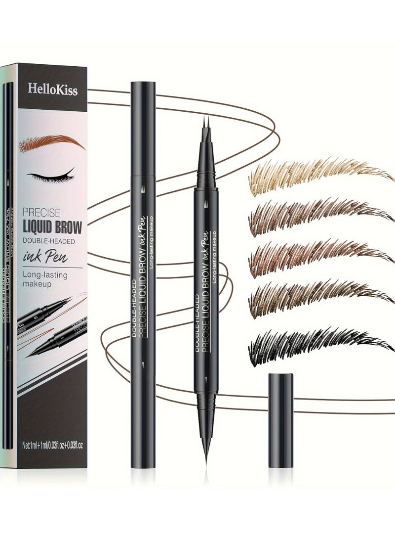 HelloKiss - Precise Liquid Eyebrow Pen with Brush Double Headed Ink Pen 2 Tip Microblading Brow Pen Curved Eyebrow Pencil, 2 Fork Tip Eye Pen Waterproof Long Lasting Ink Pen Brown 02 - Image 1