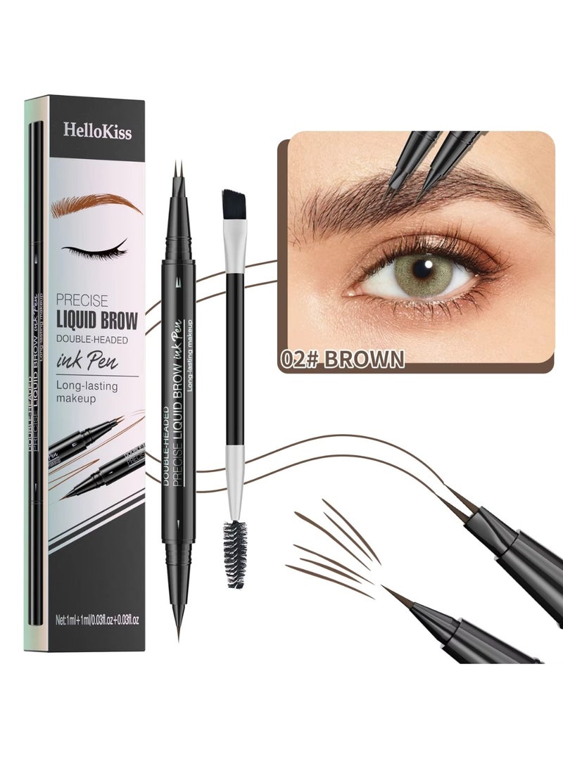 HelloKiss - Precise Liquid Eyebrow Pen with Brush Double Headed Ink Pen 2 Tip Microblading Brow Pen Curved Eyebrow Pencil, 2 Fork Tip Eye Pen Waterproof Long Lasting Ink Pen Brown 02 - Image 1
