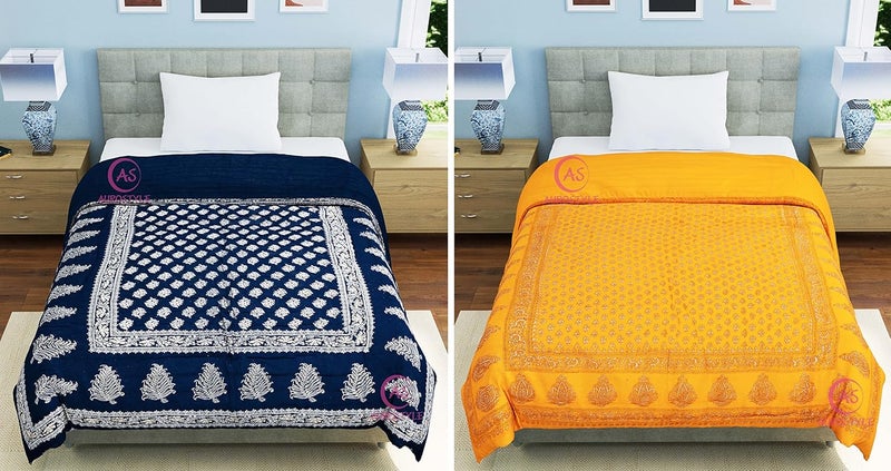 WORLDNEX 400 TC Pure Cotton Jaipuri Design Printed Light Weight Traditional Rajasthani Print Single Bed QuiltRazaiRajai Design 18 Single Bed Set of 2 Combo Set - Image 3
