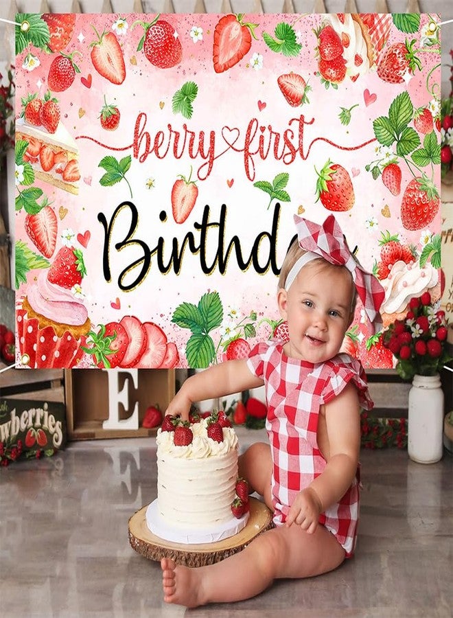 Mocsicka Berry First Birthday Backdrop Strawberry Theme Birthday Party Decorations Banner 1st Birthday Banner for Girls Sweet One Party Supplies Photography Background (Red, 70.8x43.3 inch) - Image 2