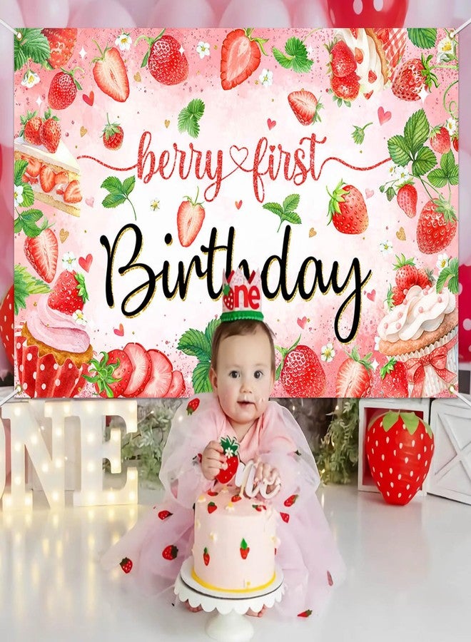 Mocsicka Berry First Birthday Backdrop Strawberry Theme Birthday Party Decorations Banner 1st Birthday Banner for Girls Sweet One Party Supplies Photography Background (Red, 70.8x43.3 inch) - Image 4