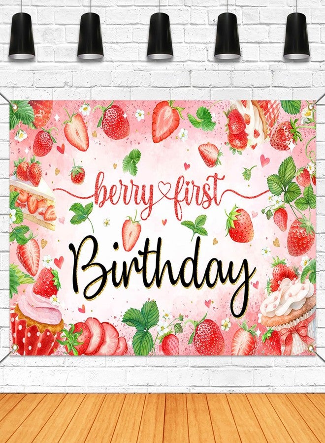 Mocsicka Berry First Birthday Backdrop Strawberry Theme Birthday Party Decorations Banner 1st Birthday Banner for Girls Sweet One Party Supplies Photography Background (Red, 70.8x43.3 inch) - Image 1
