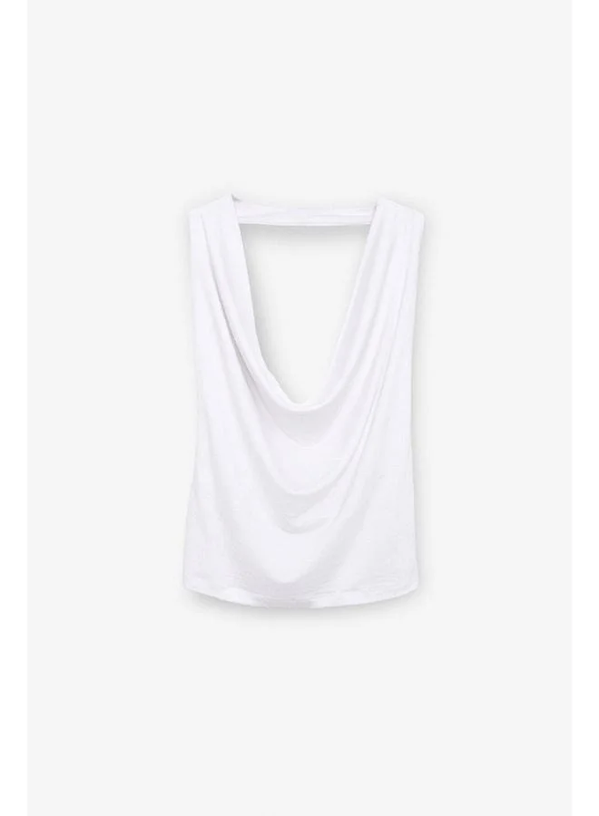 Ethiquet NESLIVA Women's Degage Halter Neck Thick-Strap Open-Back Crop White Blouse.