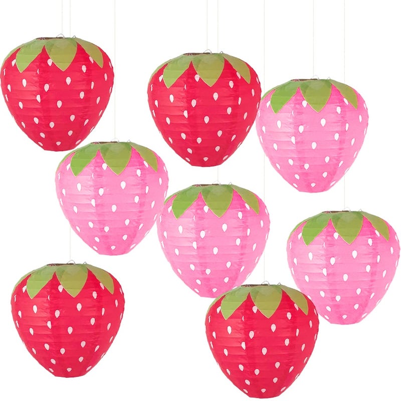 Lotus Mann 8PCS Red and Pink Strawberry Lanterns for Fruit Themed Party Decor Kids Birthday Strawberry Decorations Hungry Caterpillar Party Supplies Hanging Ornaments - Image 1