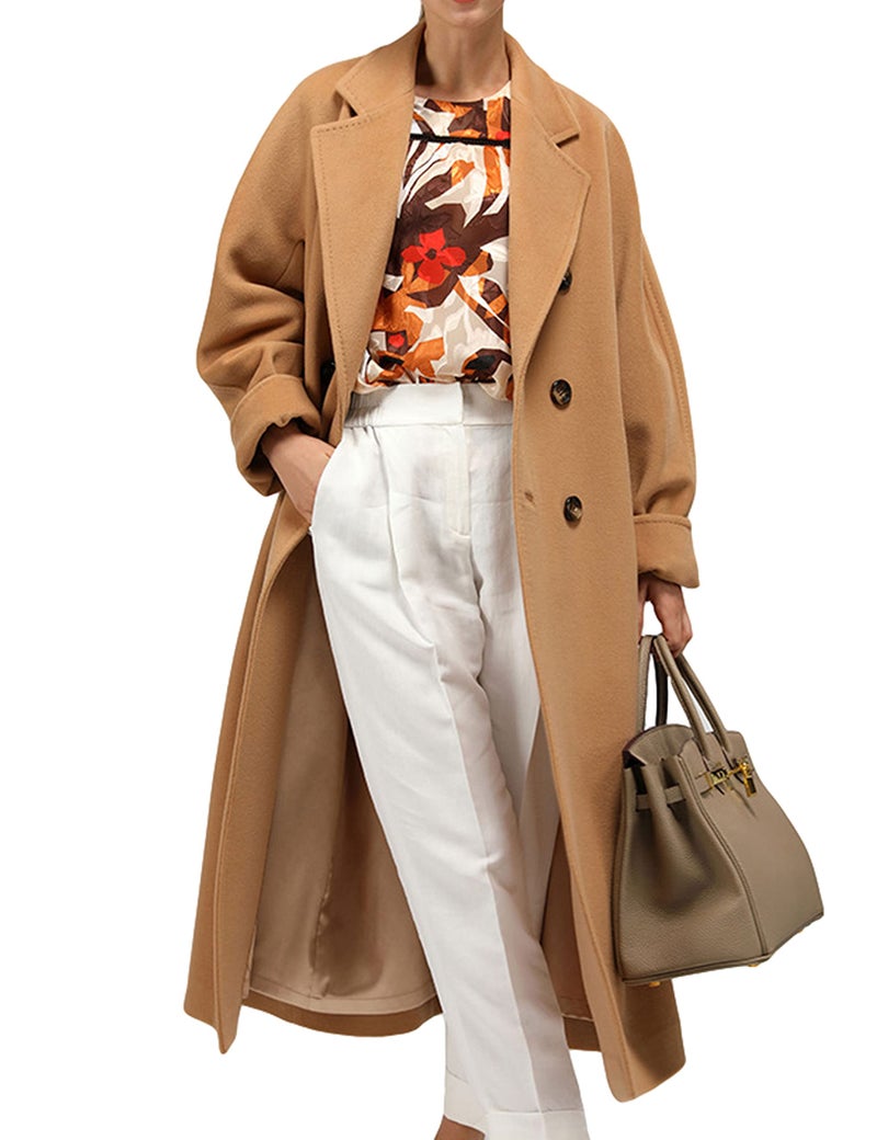 Himosyber Women Wool Blend Pea Coat Camel Notched Collar Double Breasted Outerwear Jacket CamelLarge