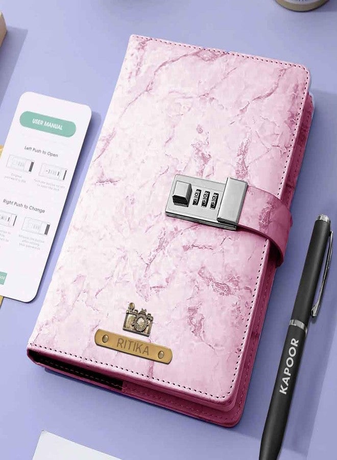Nutcase Customized Lock Diary for Women - Premium PU Leather Marble Design Diaries with Charms - Image 3