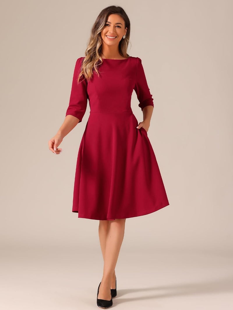 TATAIYA Women's Plus Size 3/4th Sleeve Fit and Flare Midi Dress (Red_5XL) - Image 3