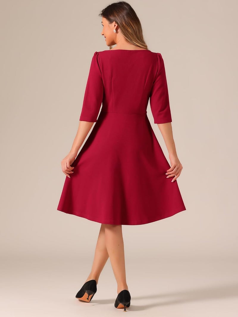 TATAIYA Women's Plus Size 3/4th Sleeve Fit and Flare Midi Dress (Red_5XL) - Image 2