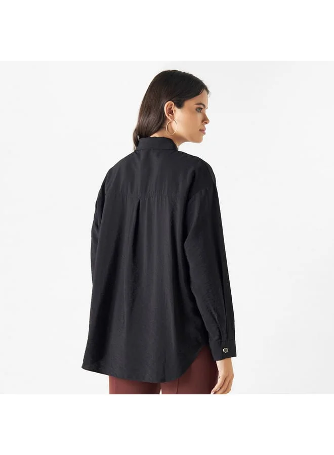 Iconic Iconic Solid Embellished Button Shirt with Long Sleeves