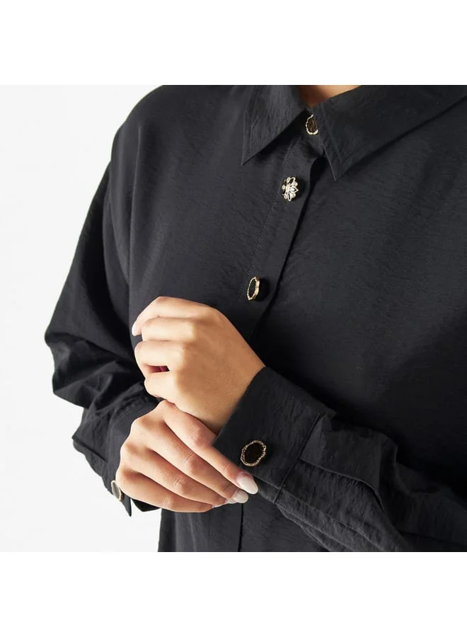 Iconic Iconic Solid Embellished Button Shirt with Long Sleeves