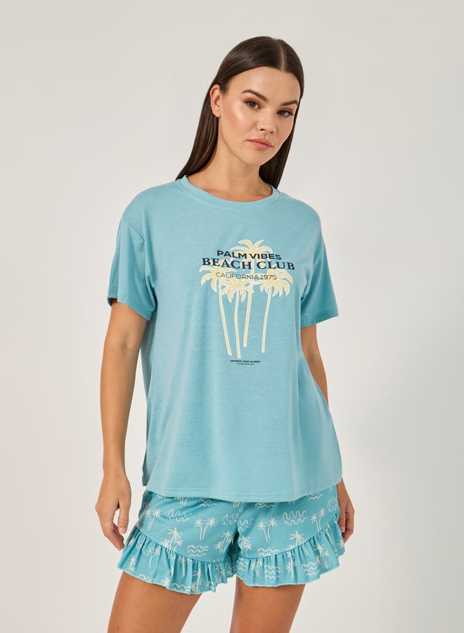Styli Graphic Drop Shoulder Tee and Ruffle Short Set  - Image 3