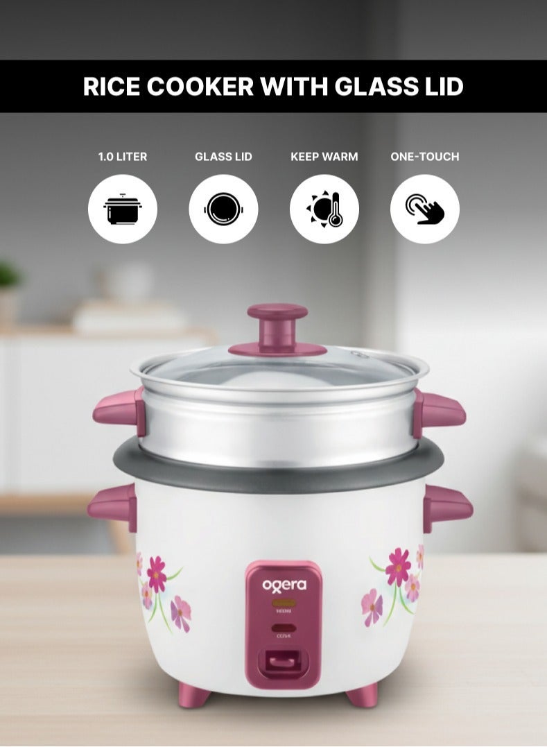 أوجيرا قدر أرز كهربائي 3 في 1 | سعة 1 لتر بإناء داخلي غير لاصق وغطاء زجاجي | تسخين سريع 400 واط | وظائف الطهي والتبخير والإبقاء على السخونة مع مؤشر ضوئي | مقبض بارد ووعاء بخار ألمنيوم | ملعقة ومكيال أرز مرفقان | ضمان سنتين - Image 1