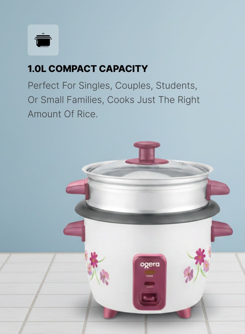 أوجيرا قدر أرز كهربائي 3 في 1 | سعة 1 لتر بإناء داخلي غير لاصق وغطاء زجاجي | تسخين سريع 400 واط | وظائف الطهي والتبخير والإبقاء على السخونة مع مؤشر ضوئي | مقبض بارد ووعاء بخار ألمنيوم | ملعقة ومكيال أرز مرفقان | ضمان سنتين - Image 2