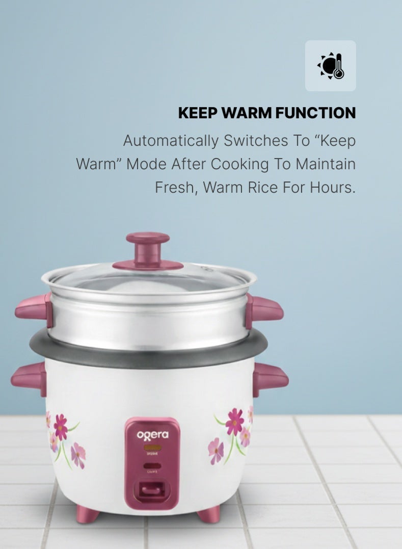 أوجيرا قدر أرز كهربائي 3 في 1 | سعة 1 لتر بإناء داخلي غير لاصق وغطاء زجاجي | تسخين سريع 400 واط | وظائف الطهي والتبخير والإبقاء على السخونة مع مؤشر ضوئي | مقبض بارد ووعاء بخار ألمنيوم | ملعقة ومكيال أرز مرفقان | ضمان سنتين - Image 5