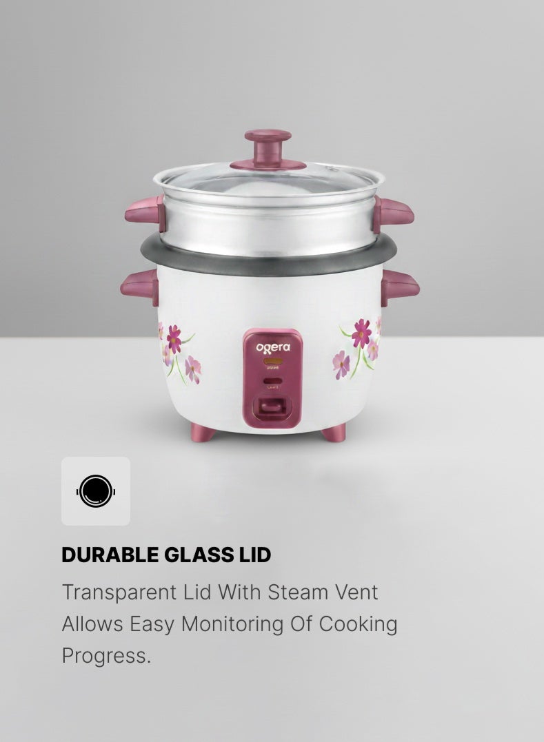 أوجيرا قدر أرز كهربائي 3 في 1 | سعة 1 لتر بإناء داخلي غير لاصق وغطاء زجاجي | تسخين سريع 400 واط | وظائف الطهي والتبخير والإبقاء على السخونة مع مؤشر ضوئي | مقبض بارد ووعاء بخار ألمنيوم | ملعقة ومكيال أرز مرفقان | ضمان سنتين - Image 3