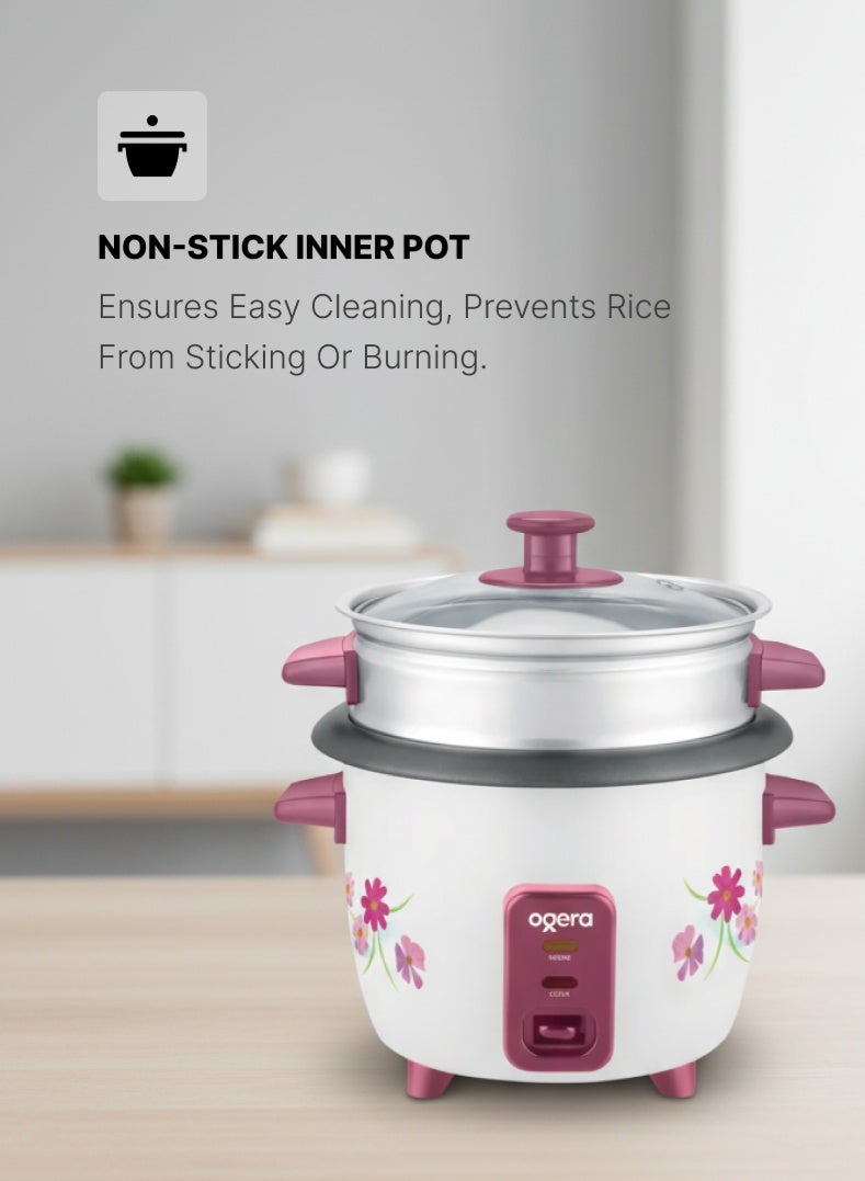 أوجيرا قدر أرز كهربائي 3 في 1 | سعة 1 لتر بإناء داخلي غير لاصق وغطاء زجاجي | تسخين سريع 400 واط | وظائف الطهي والتبخير والإبقاء على السخونة مع مؤشر ضوئي | مقبض بارد ووعاء بخار ألمنيوم | ملعقة ومكيال أرز مرفقان | ضمان سنتين - Image 4