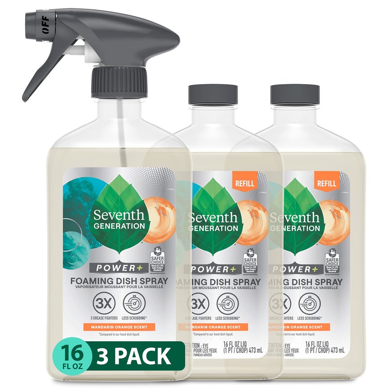 Seventh Generation Foaming Dish Spray 3 Refills and 1 Sprayhead 16 Fl Oz Pack of 3