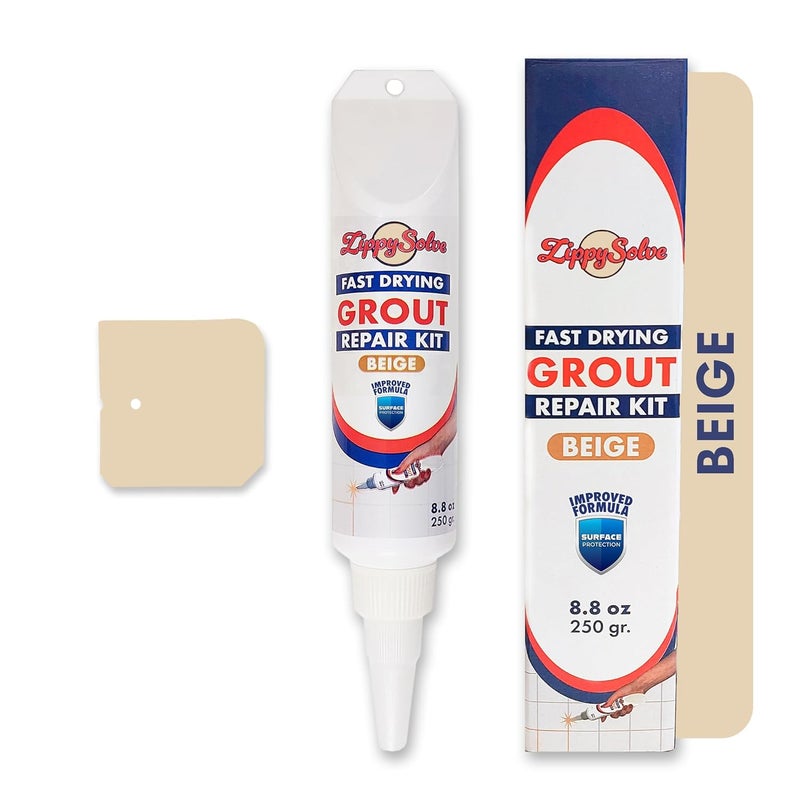 ZippySolve Tile Grout, Repair Kit, Restore & Renew Tile Joints Line, Fast Drying Tile Grout Paint Squeeze Tube for Bathroom Shower Kitchen Floor, Waterproof (8.8 oz, Beige) - Image 1