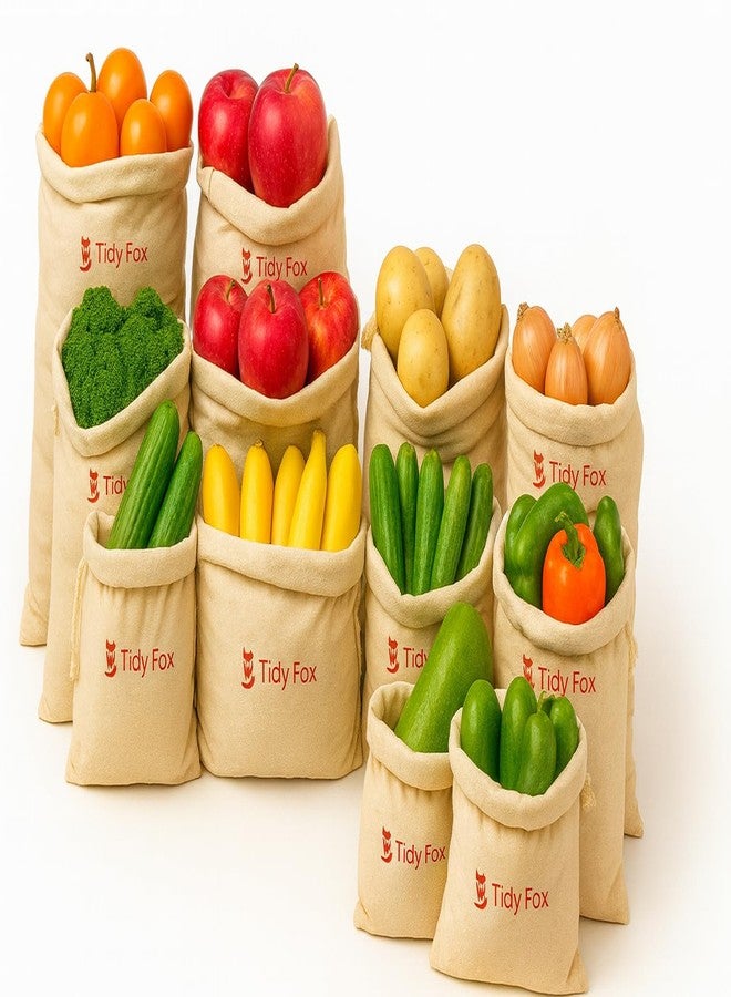Tidy Fox Cotton Bags for Fridge Vegetable Storage / (Set of 12) / Drawstring, Washable & Eco-Friendly - Image 1