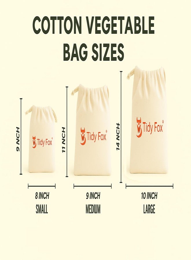 Tidy Fox Cotton Bags for Fridge Vegetable Storage / (Set of 12) / Drawstring, Washable & Eco-Friendly - Image 2