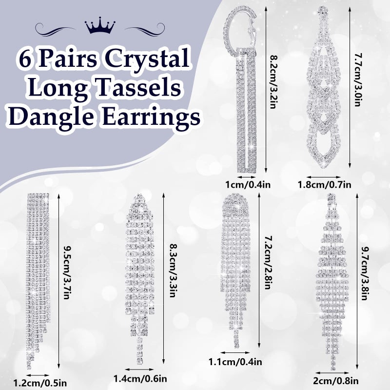 Sureio 6 Pairs Long Earrings Silver Chandelier Tassel Dangle Earrings for Women Wedding Prom Party Jewelry Fringe Rhinestone Earrings Boho Tassel Drop Dangle Crystal Earrings(Delicate Style) - Image 4