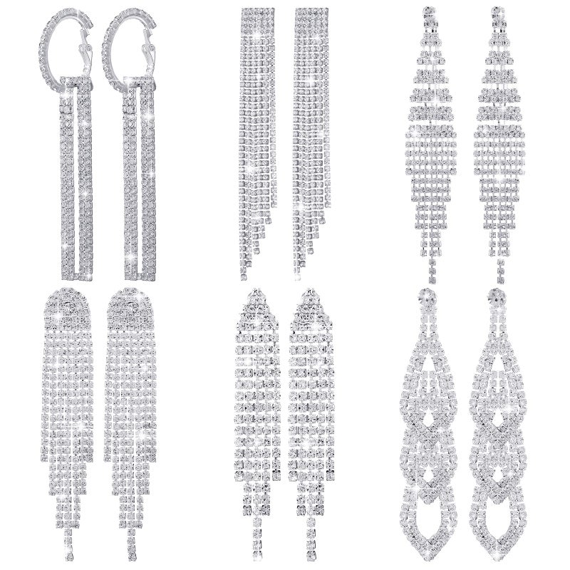 Sureio 6 Pairs Long Earrings Silver Chandelier Tassel Dangle Earrings for Women Wedding Prom Party Jewelry Fringe Rhinestone Earrings Boho Tassel Drop Dangle Crystal Earrings(Delicate Style) - Image 1